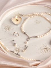 Mutluinci 925 ayar gümüş zirkon taş 8 mm doğal inci kolye küpe bileklik yüzük 4 lü set