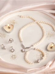 Mutluinci Mig09 925 Ayar Gümüş Zirkon Taş 8 mm Doğal İnci Kolye-Küpe-Yüzük-Bileklik 4lü Set